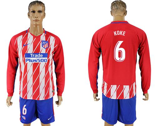 Atletico Madrid #6 Koke Home Long Sleeves Soccer Club Jersey - Click Image to Close